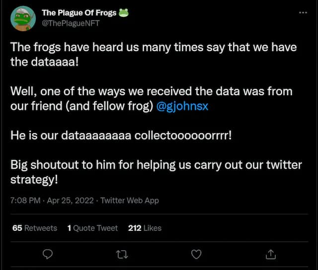 @ThePlagueNFT Twitter Account announcing my data collection contribution.